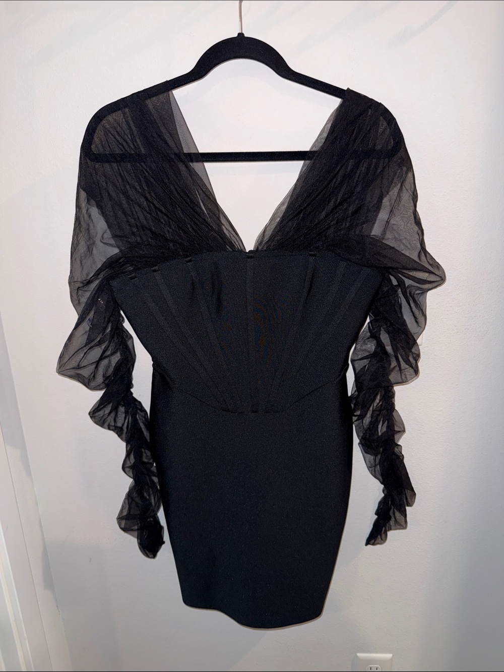 Fashion Nova Black Sheer Puff-Sleeve Mini Dress